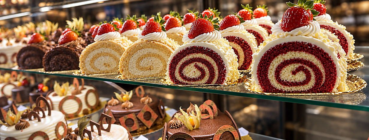 Vitrine refrigerada da confeitaria, cheia de rocamboles, tortas e bolos
